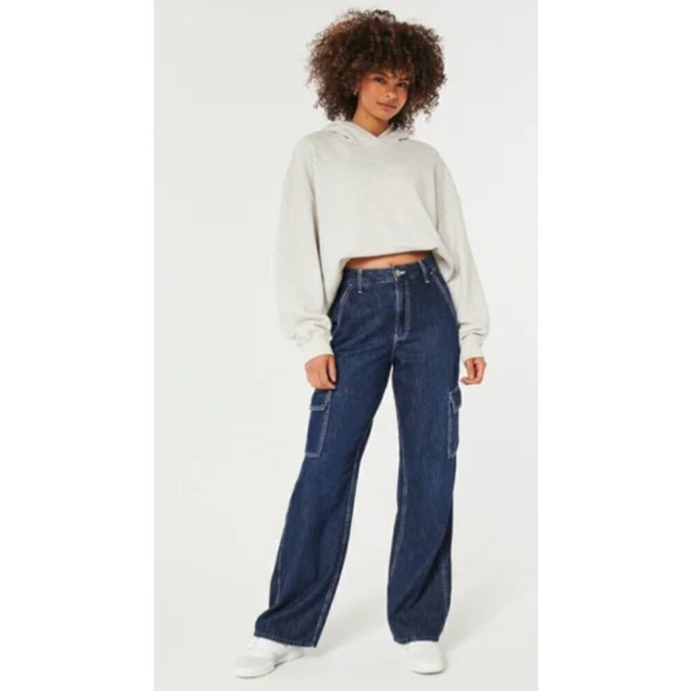 NWT Hollister Ultra High Rise Baggy Dark Wash Cargo Jeans size 14R